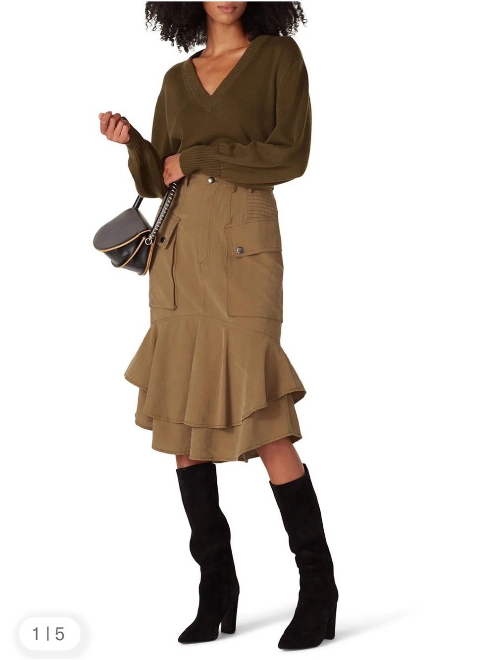 Marissa Webb Cargo Midi Skirt Olive Tiered Ruffle Equestrian Skirt Size 2